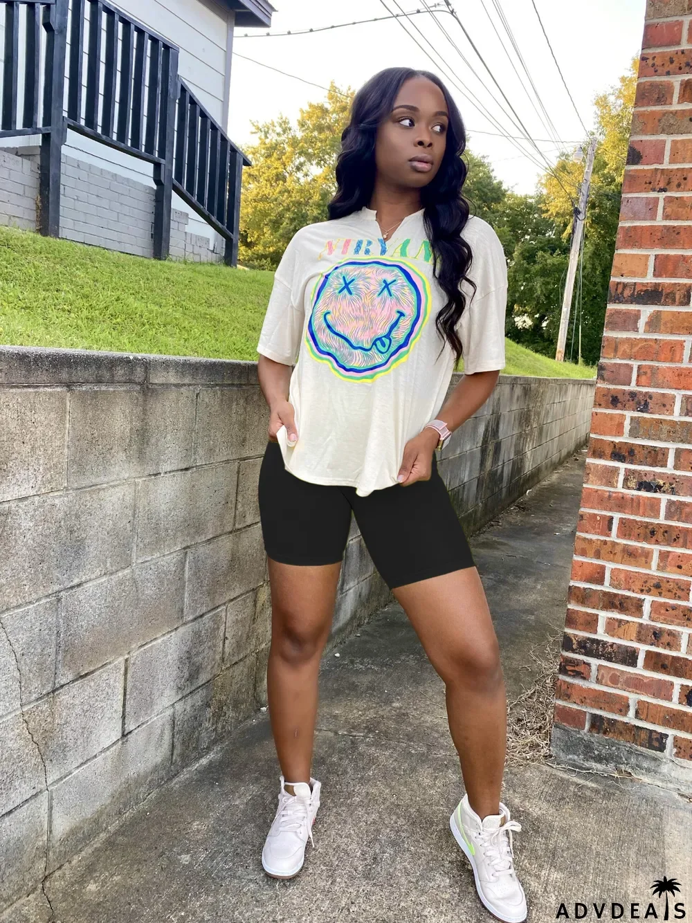 Smiley Print Casual Two-Piece Set