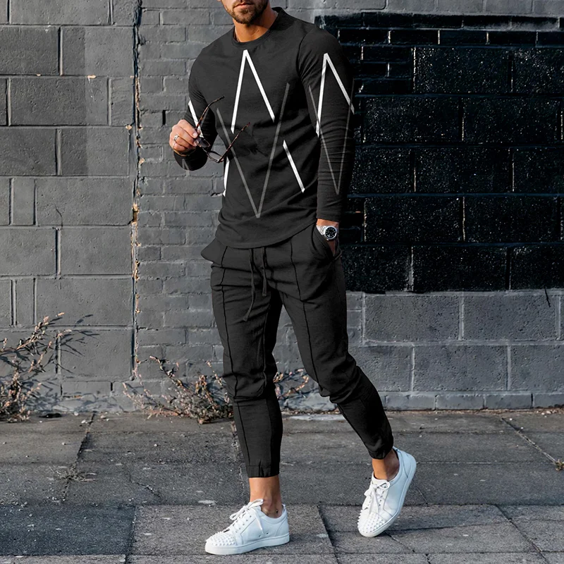 Casual Geometric Lines Black Long Sleeve T-Shirt And Pants Co-Ord