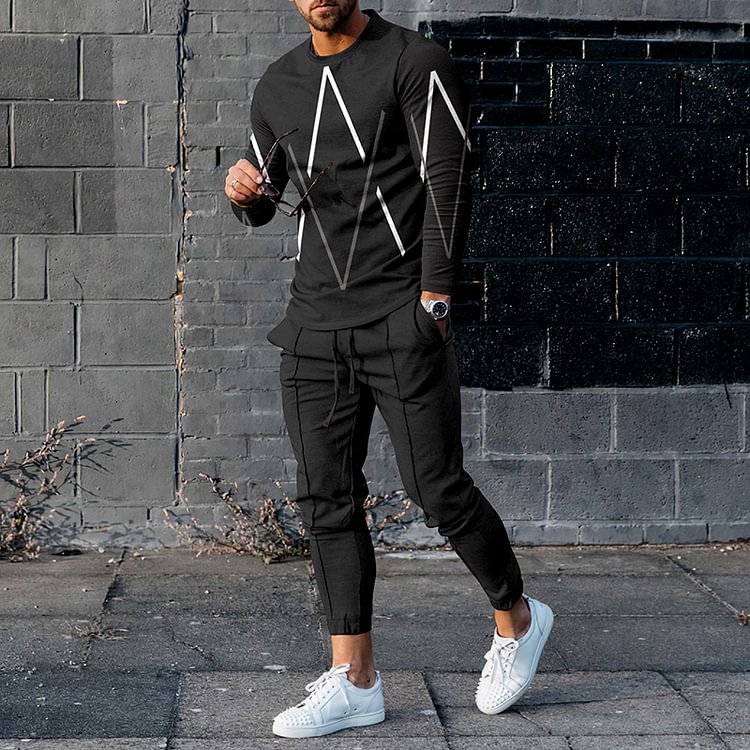 BrosWear Casual Geometric Lines Black Long Sleeve T-Shirt And Pants Co-Ord
