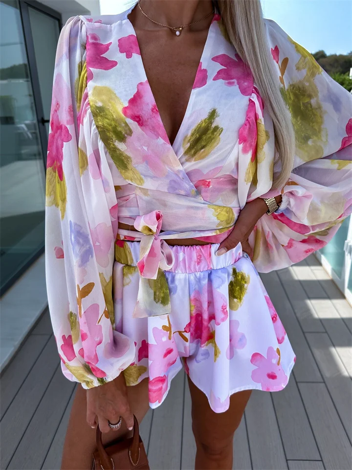 Women's Vacation Style Chiffon Pleated Lantern Sleeve Long Sleeve V-neck Shirt Elastic Waist Straight Shorts Printed Suit Women-Cosfine