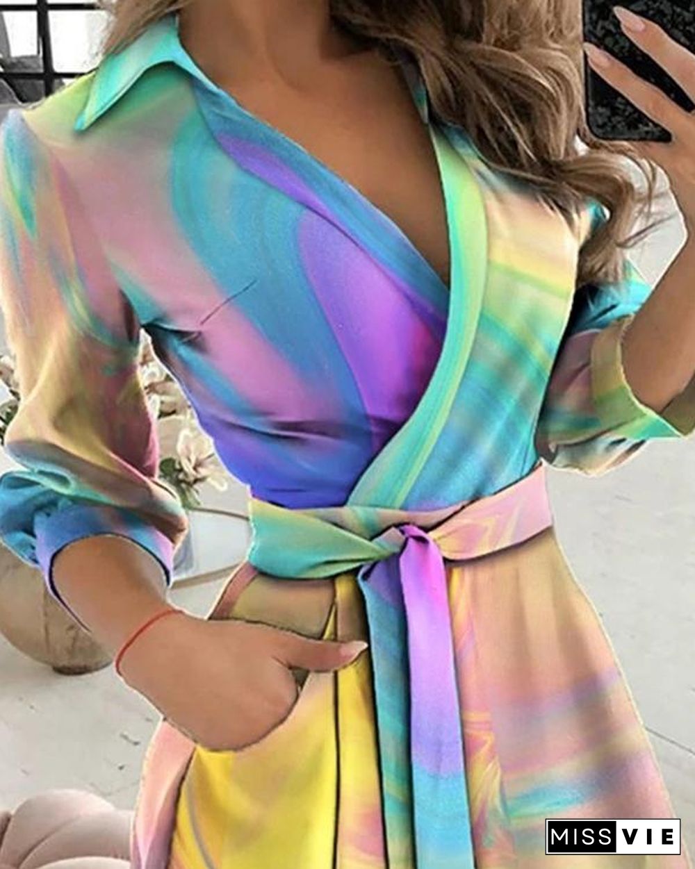 Elegant Tie Dye V Neck 3/4 Sleeve Wrap Midi Dresses