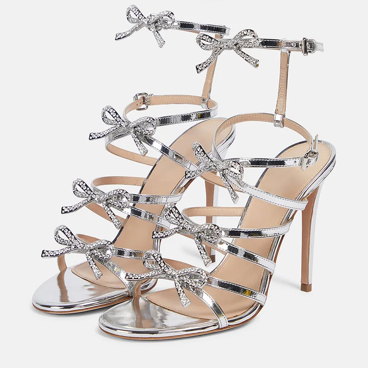 Silver Metallic Strappy High Heel Sandals Rhinestone Bow Prom Shoes |FSJ Shoes