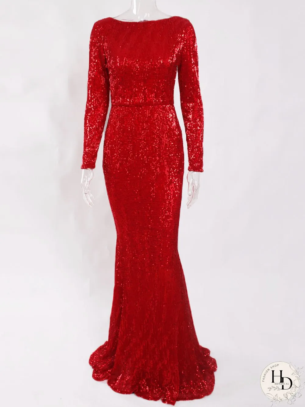 Elegant neck long sleeve sequin maxi dress floor length stretchy bodycon party gold green
