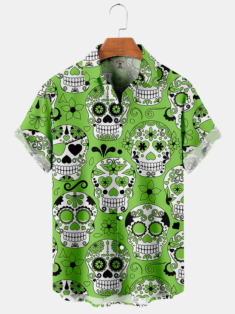 Men's Casual St Patrick's Floral Skull Print Short Sleeve Shirt