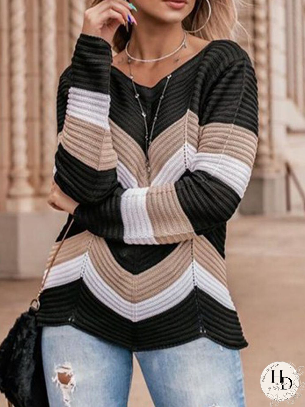 Contrast Color Long Sleeve V-neck Pullover Knit Sweater