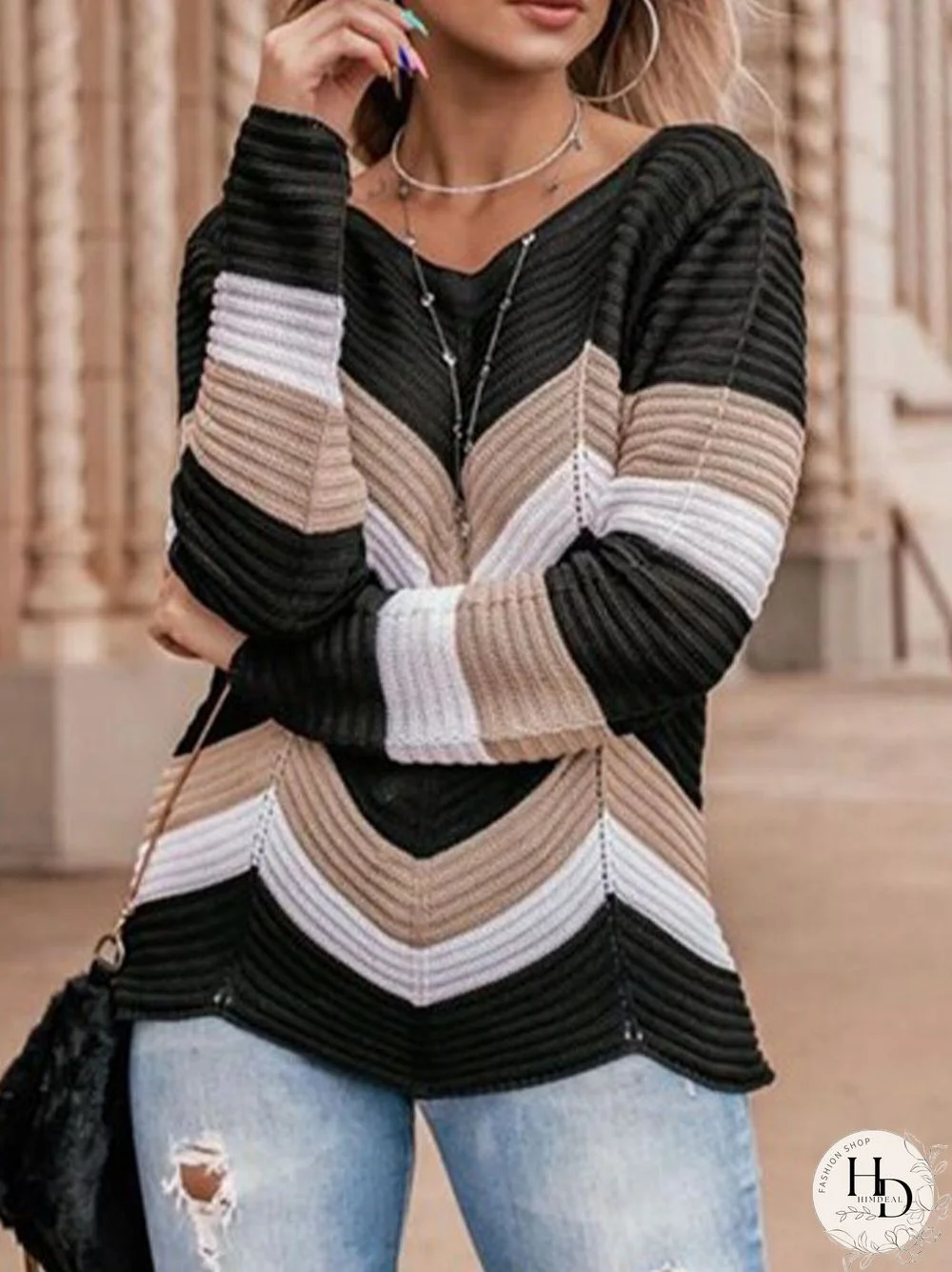 Contrast Color Long Sleeve V-neck Pullover Knit Sweater