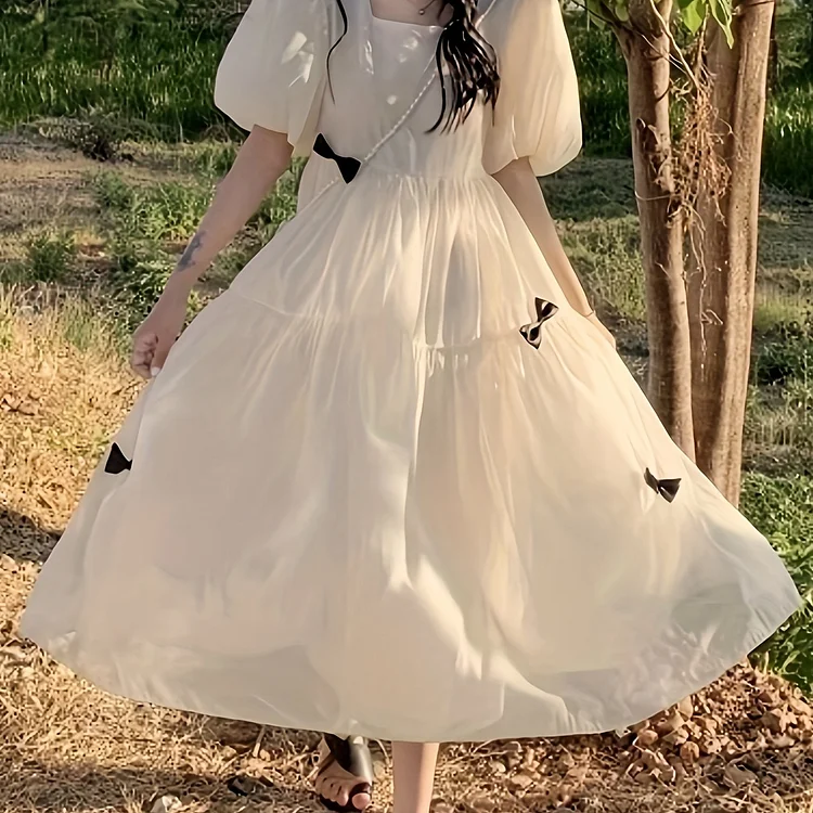 Bow Decor Square Neck Dress, Elegant Puff Sleeve A-line Dress For Spring & Summer, Women's Clothing
