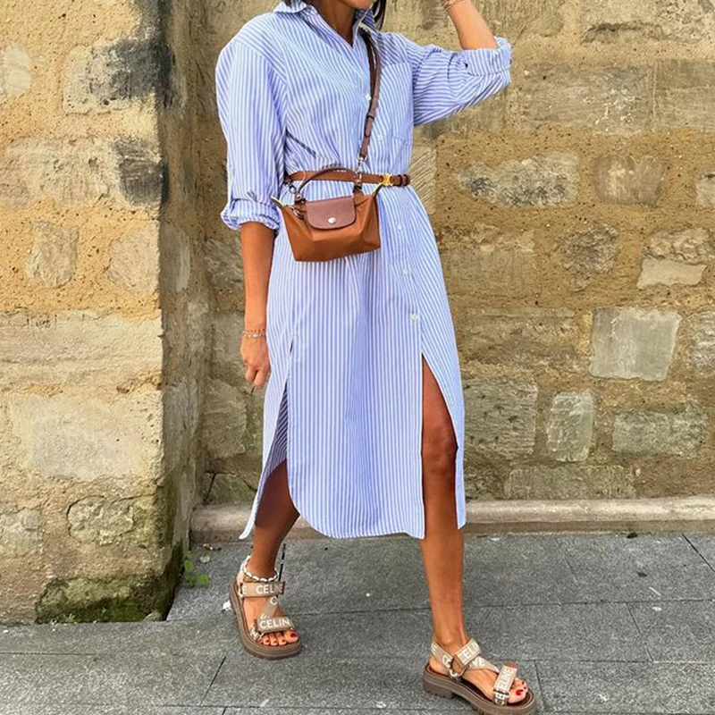 Toloer Toloer Spot Fall 2024 New Ladies Fashion Stripe Print Medium Long Dress-Outfit Ideas