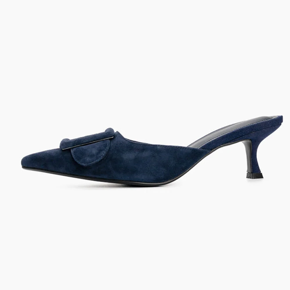 Simple Navy Pointed Toe Buckle Decor Kitten Heel Mules for Women