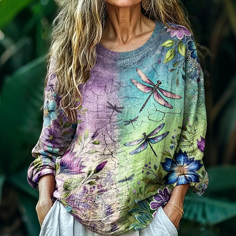 Comstylish Women's Vintage Dragonflies Floral Gradient Flowy Linen Tunic