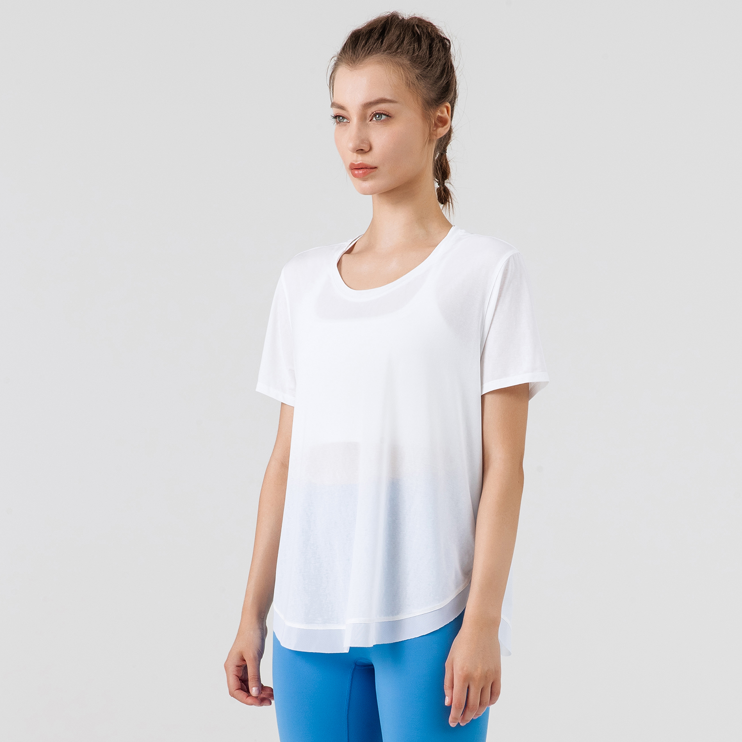 Buy Hergymclothing White round neck loose fitting quick dry soft comfy lightweight see through transparent mesh yoga gym tee shirts at an affordable price
