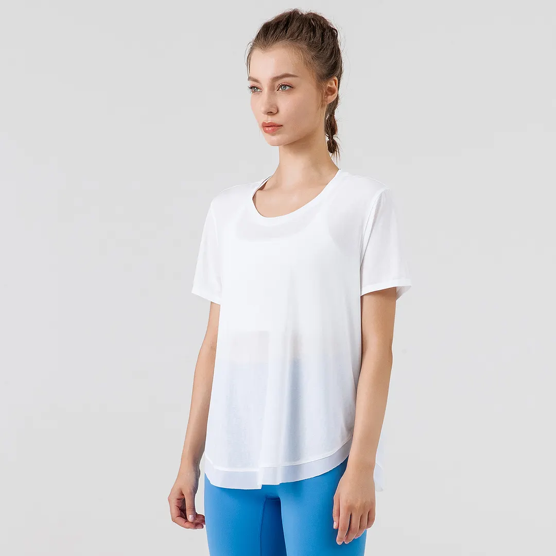 Buy Hergymclothing White round neck loose fitting quick dry soft comfy lightweight see through transparent mesh yoga gym tee shirts at an affordable price