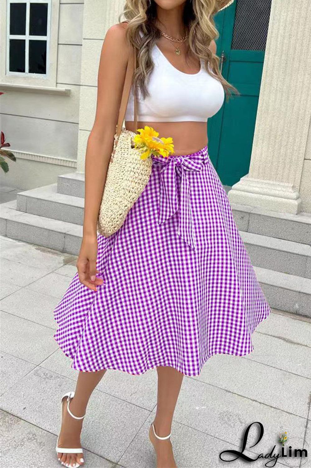 Grey Fashion Casual Plaid Print Patchwork Regular High Waist Skirt