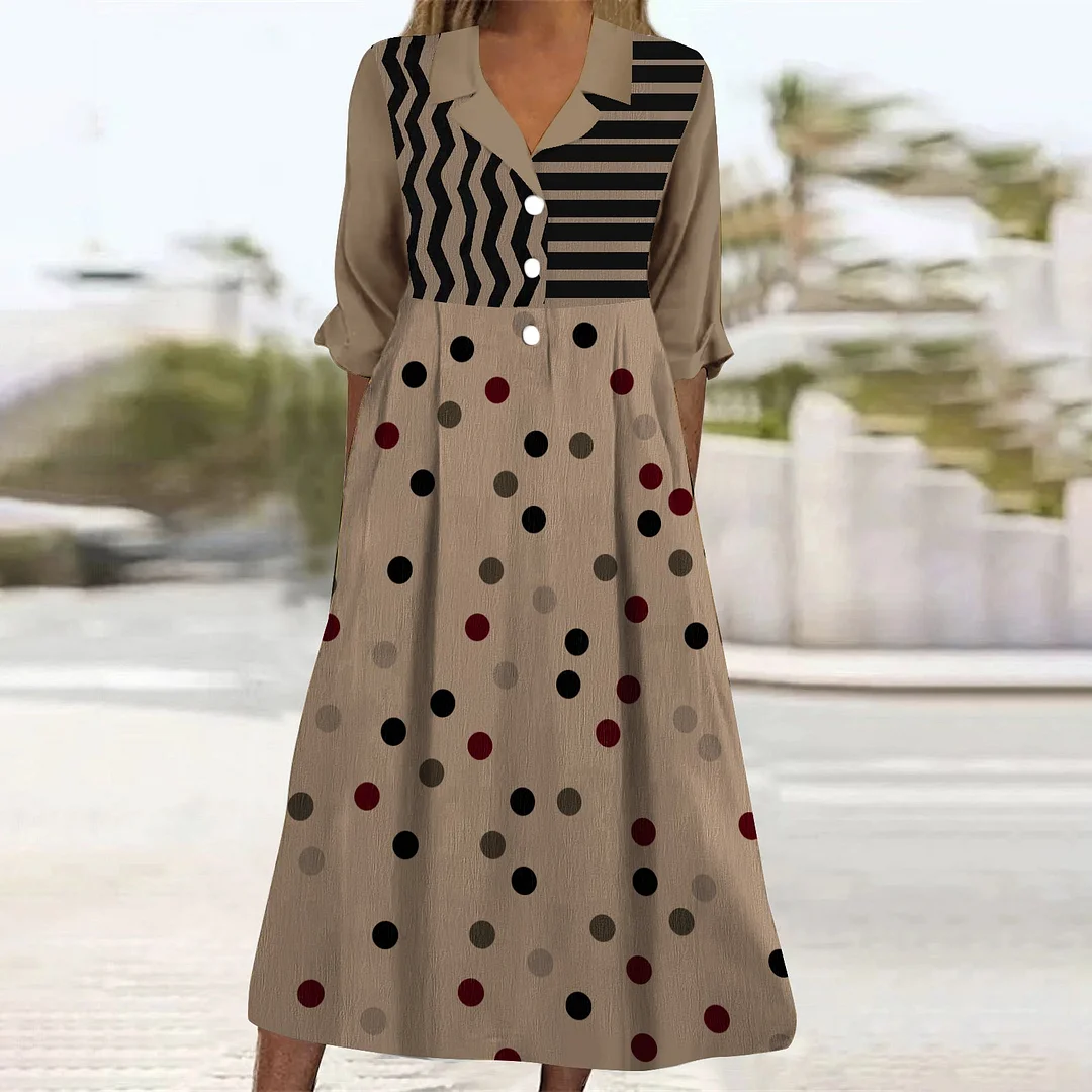 Style & Comfort for Mature Women Women's Casual Short-Sleeve Button-Down Collar Midi Dress with Pockets Printed in Khaki, Plaid, Black, Polka Dots
