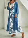 Women Floral Summer Casual Jersey Standard Long sleeve Loose Long Coat With Skirt Two Piece Set