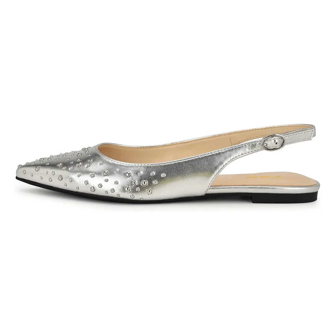 Silver Vegan Leather Slingback Pointed Toe Studded Flat Shoes Women