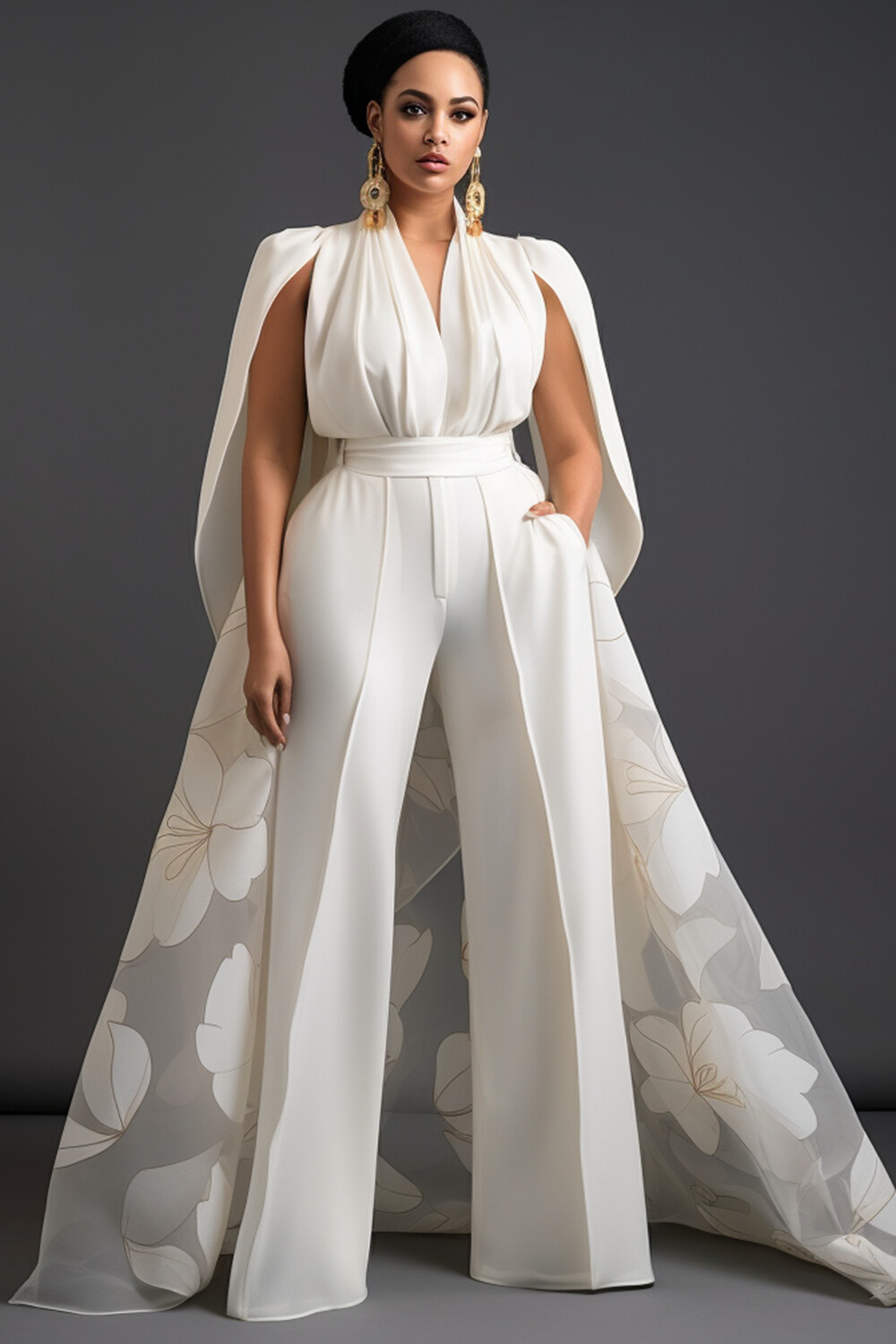 Xpluswear Design Plus Size Mother Of The Bride White Elegant Floral V Neck With Skirt Overlay Pocket Jumpsuits [Pre-Order]