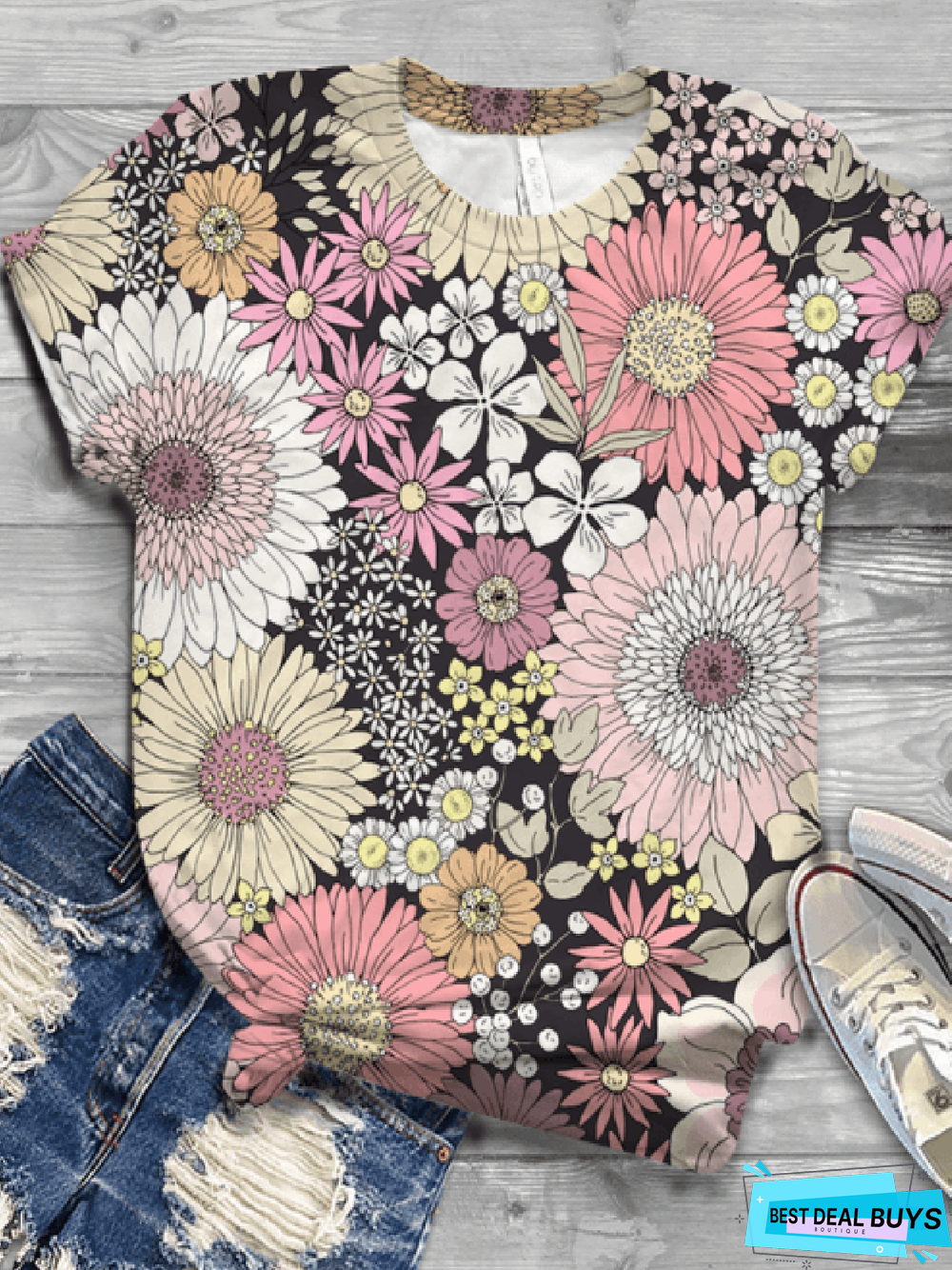 Casual Floral-Print Short Sleeve T-shirt