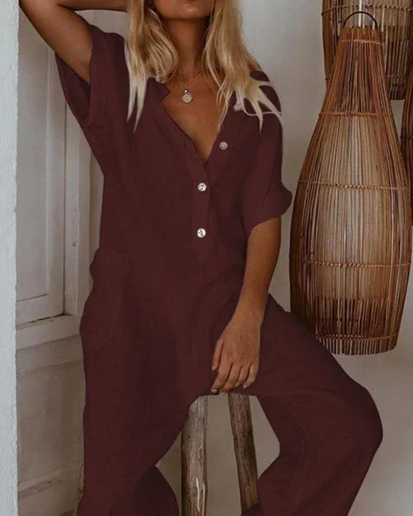 plus size casual short sleeve solid pockets jumpsuits p127699