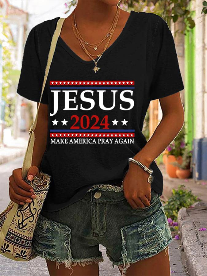 Women's Jesus 2024 Make America Pray Again Casual V-Neck Tee