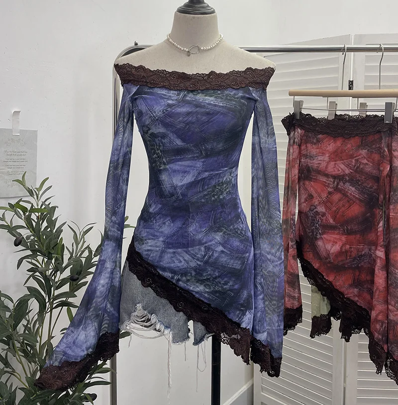 Uveng Tie-Dyed Leopard Print Lace Spliced Double-Layer Mesh Shoulder Irregular Loudspeaker Top 9912