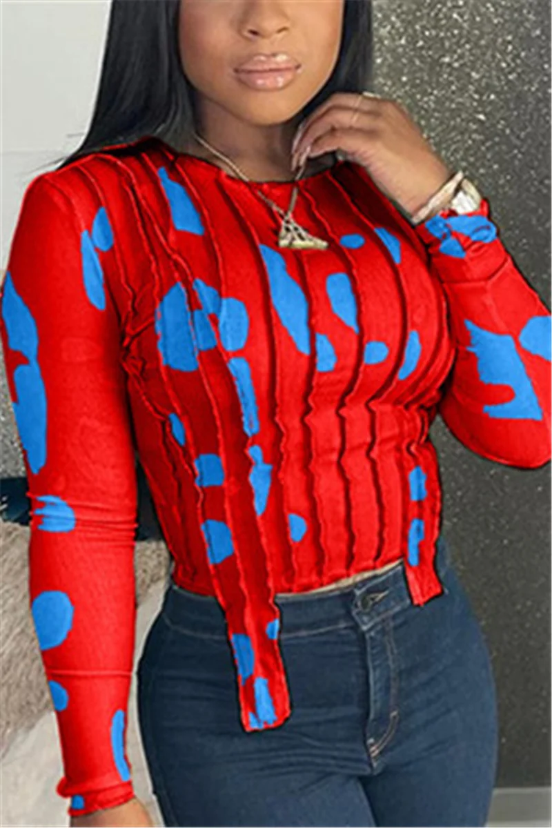 Red Fashion Casual Print Basic O Neck Tops | EGEMISS