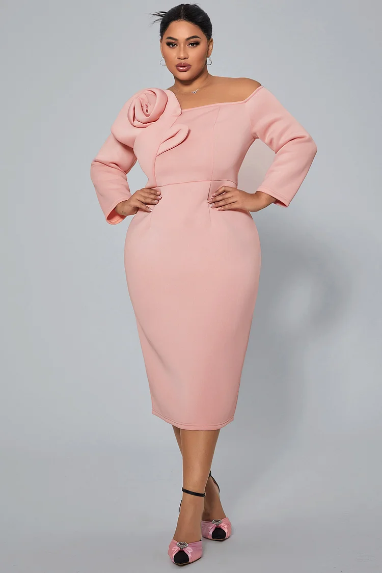 Xpluswear Design Plus Size Cocktail Party Midi Dresses Elegant Pink Fall Winter Square Neck Long Sleeve 3D Knitted Midi Dresses