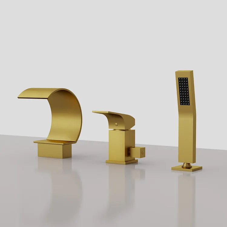 EVERSTEIN Deck Mount Waterfall Bathtub Faucet with Hand Shower in Brushed Gold