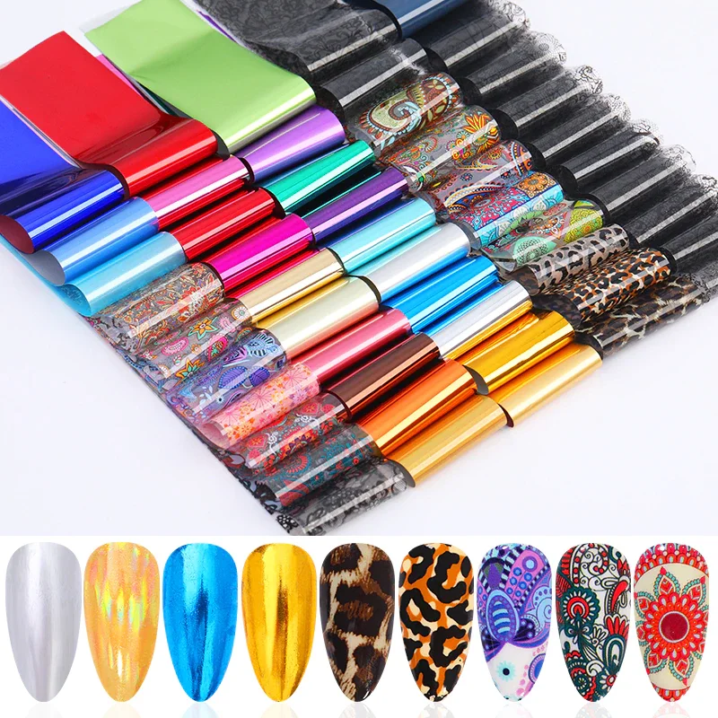 Churchf 50/24/10 Pcs iridescent Nail Foils Random Style Leopard Lace  Nail Art Transfer Stickers Slider Paper Sparkly Sky Nail Decals