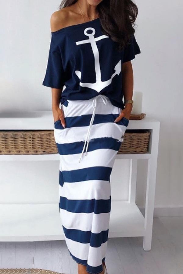 Boat Anchor Print T-Shirt  Striped Skirt Set P10263