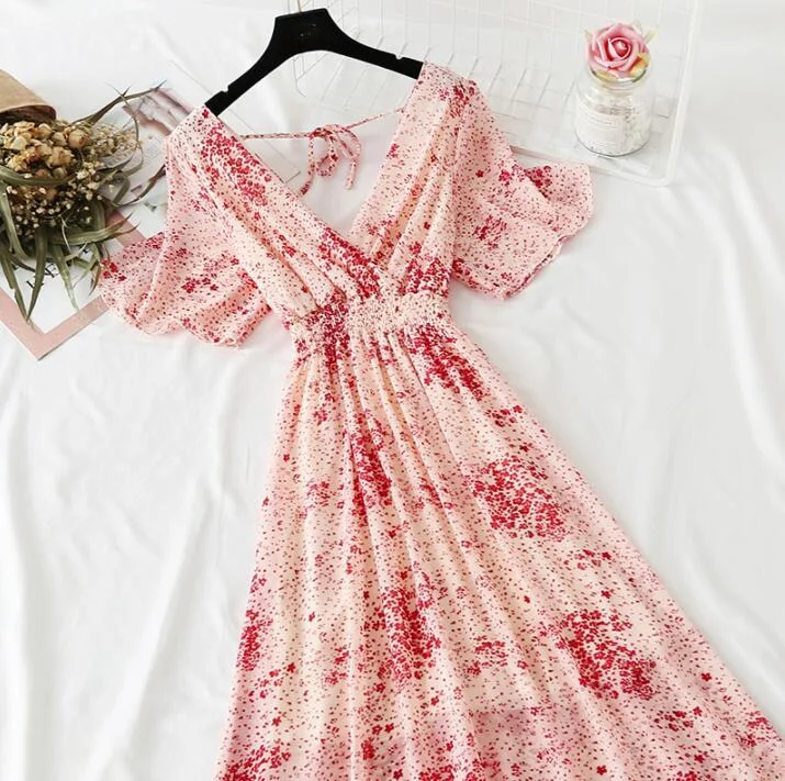Summer Dress Vintage Floral Ruffles Women Print Short sleeve Chiffon Boho Dresses Mid-calf A-line Backless Sexy Dress Vestidos