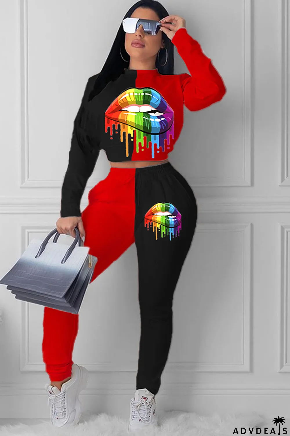 Red Celebrities Two Piece Suits Print Straight Long Sleeve Two-piece Pants Set