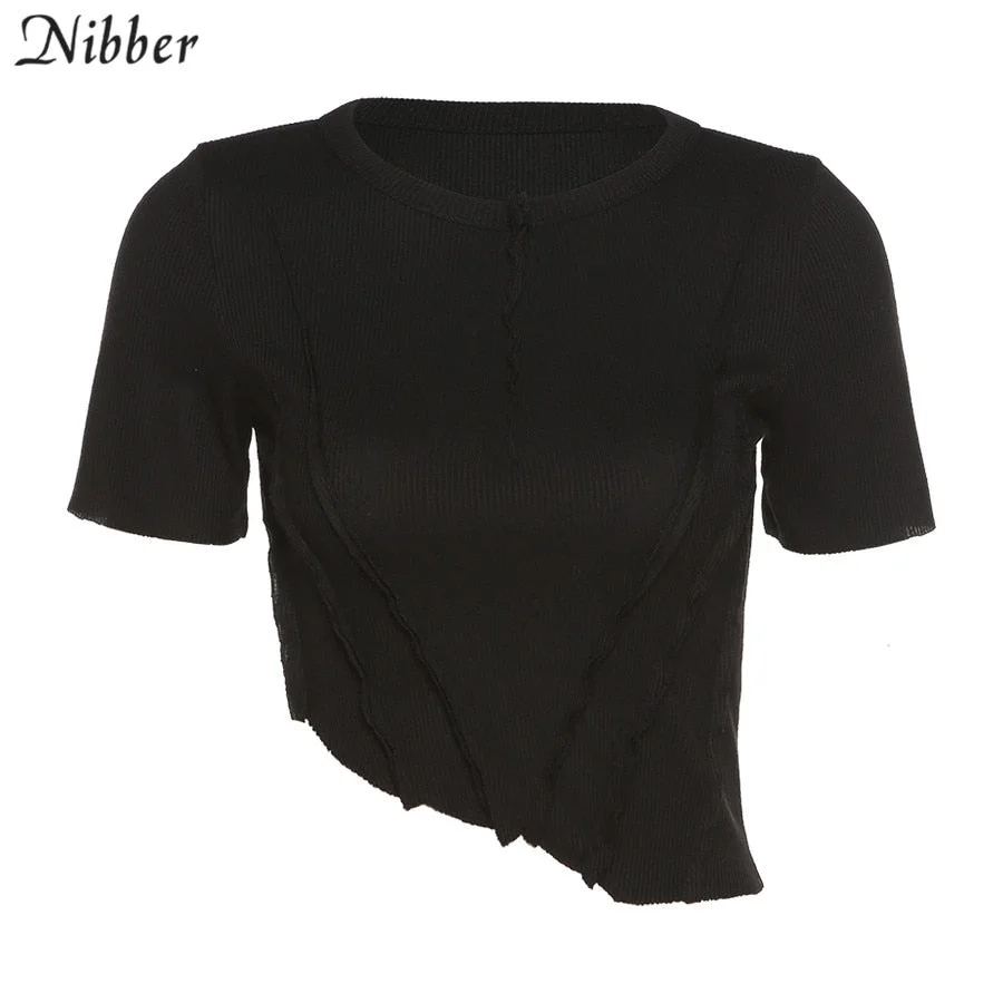 NIBBER Dark Pleated Gothic Ladies White Or Black T-shirt Short Sleeves Chic Irregular Hem Round Neck Crop Top Women 2021 Summer