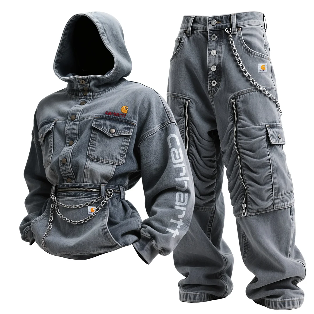 Unisex Street Style Casual Workwear Hooded Sweatshirt With Chain Embellishments Denim Pullover