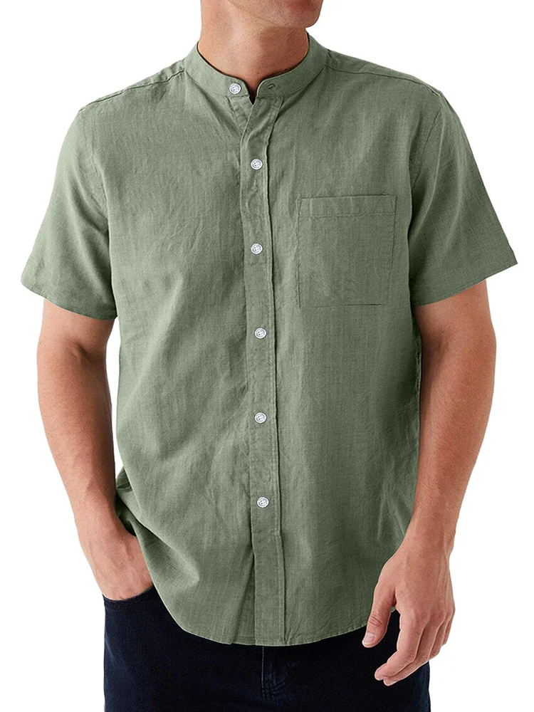 Men's summer cotton and linen solid color stand collar short-sleeved shirt