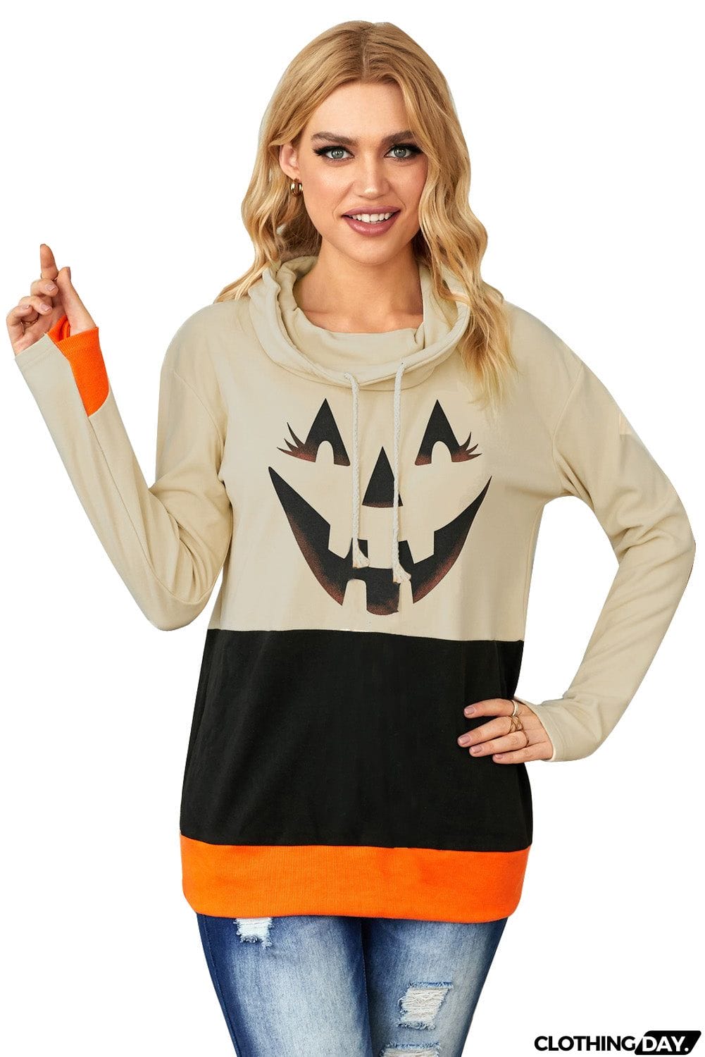 Cute Black Cowl Neck Pumpkin Print Color Block Halloween Sweatshirt