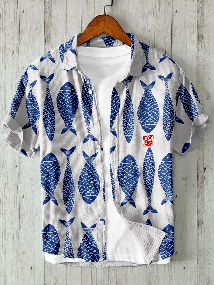 Kurzärmeliges Hemd aus Nachahmung aus Nachahmung aus Baumwolle und Leinen im Vintage-Stil mit Fischmotiv