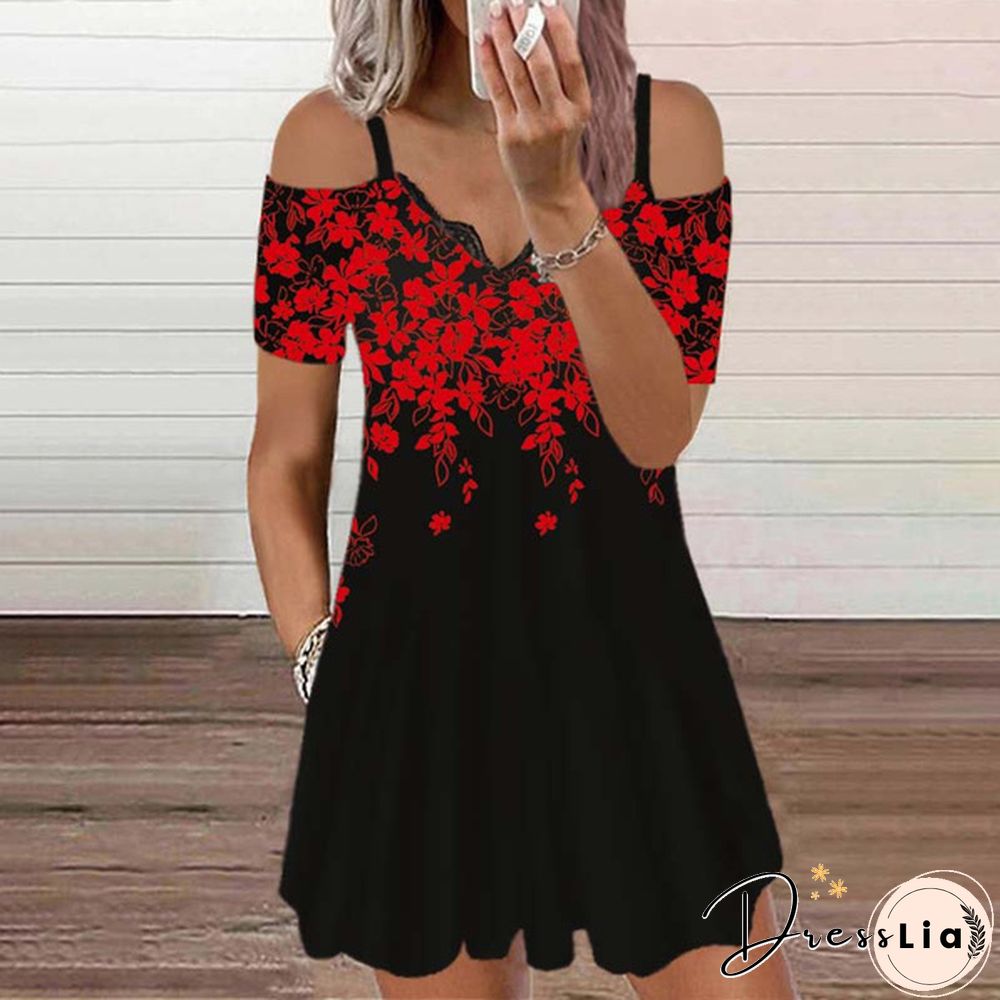 Womens Dress Summer New Fashion Lace V-neck Flower Printed Sexy Casual Short Sleeve