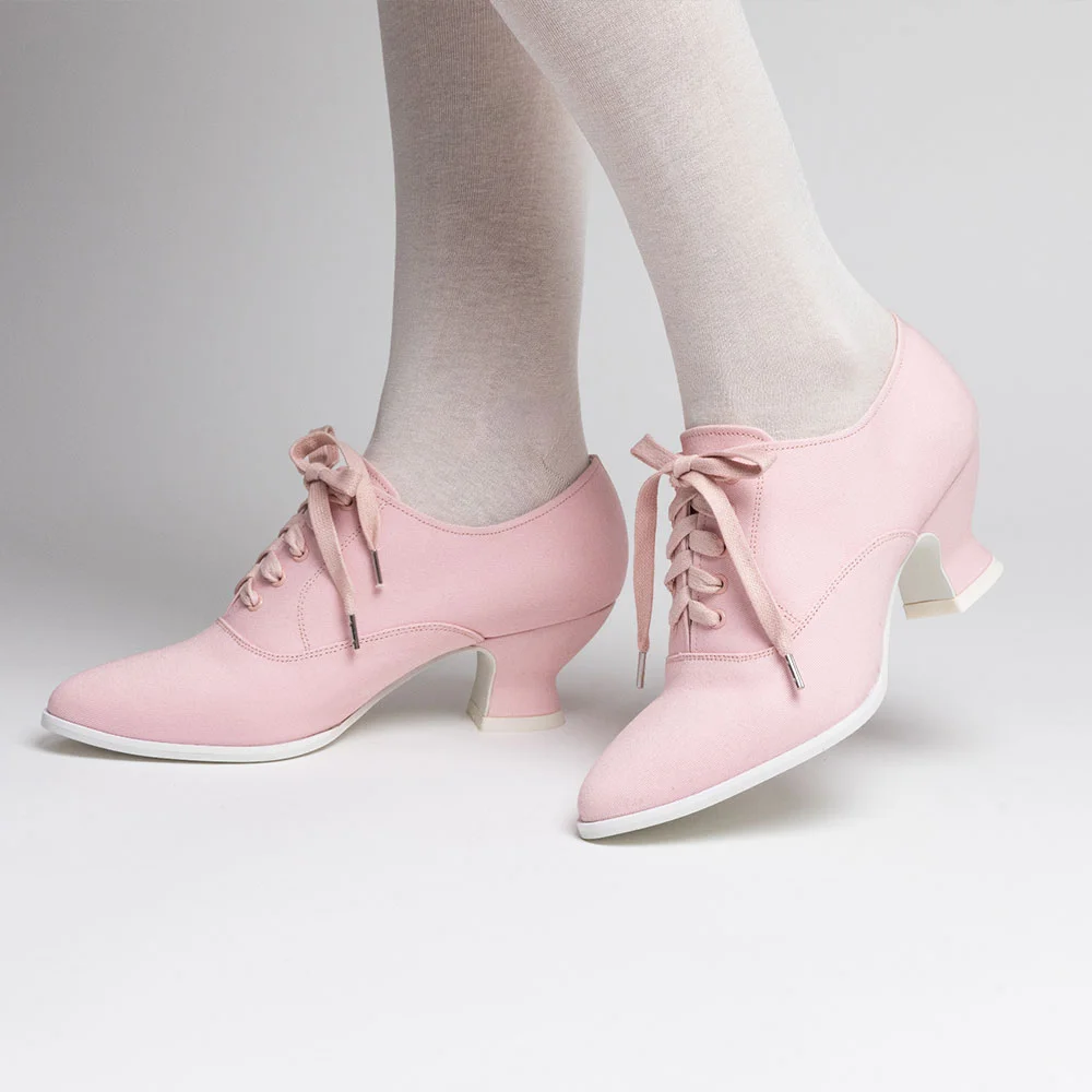 Stylish Pink Canvas Almond Toe Spool Heel Lace-Up Women's Oxfords
