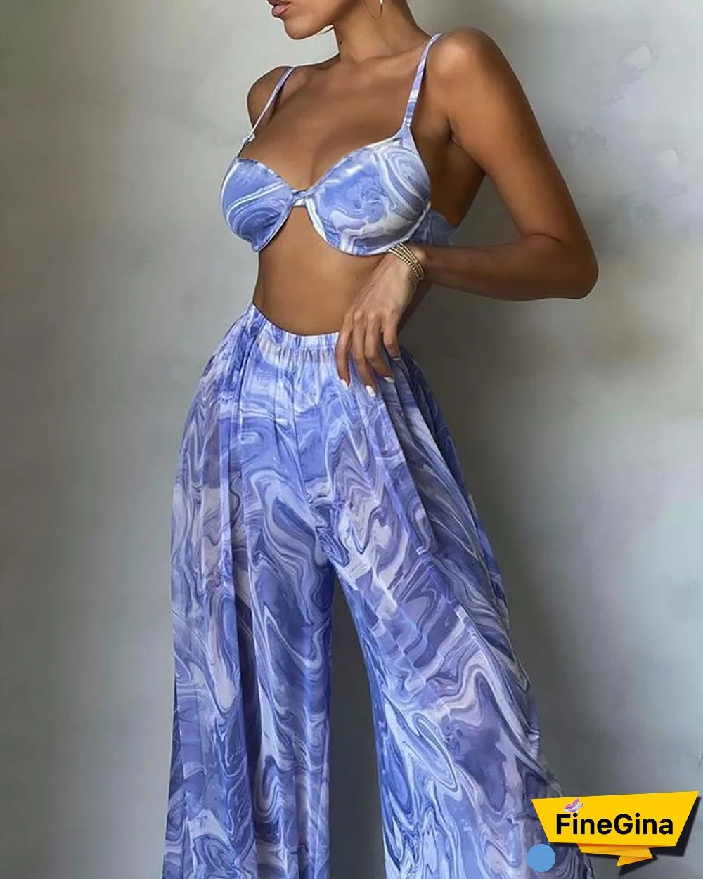 Tie Dye Print Crop Top & Wide Leg Pants Sets