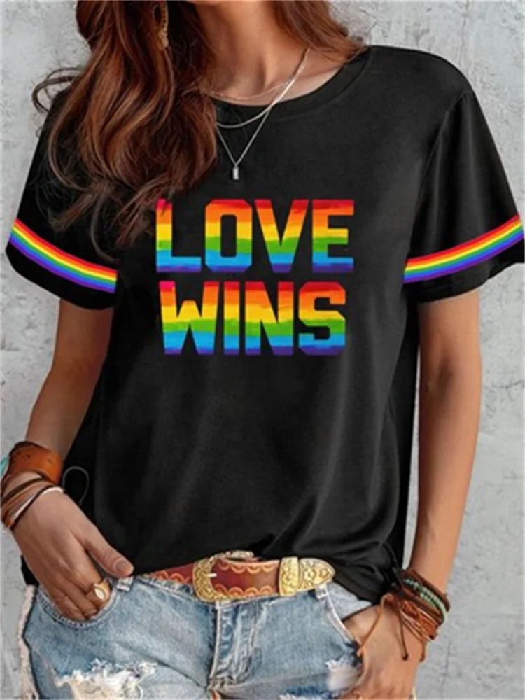 Love Wins Print Crew Neck Short Sleeve T Shirt