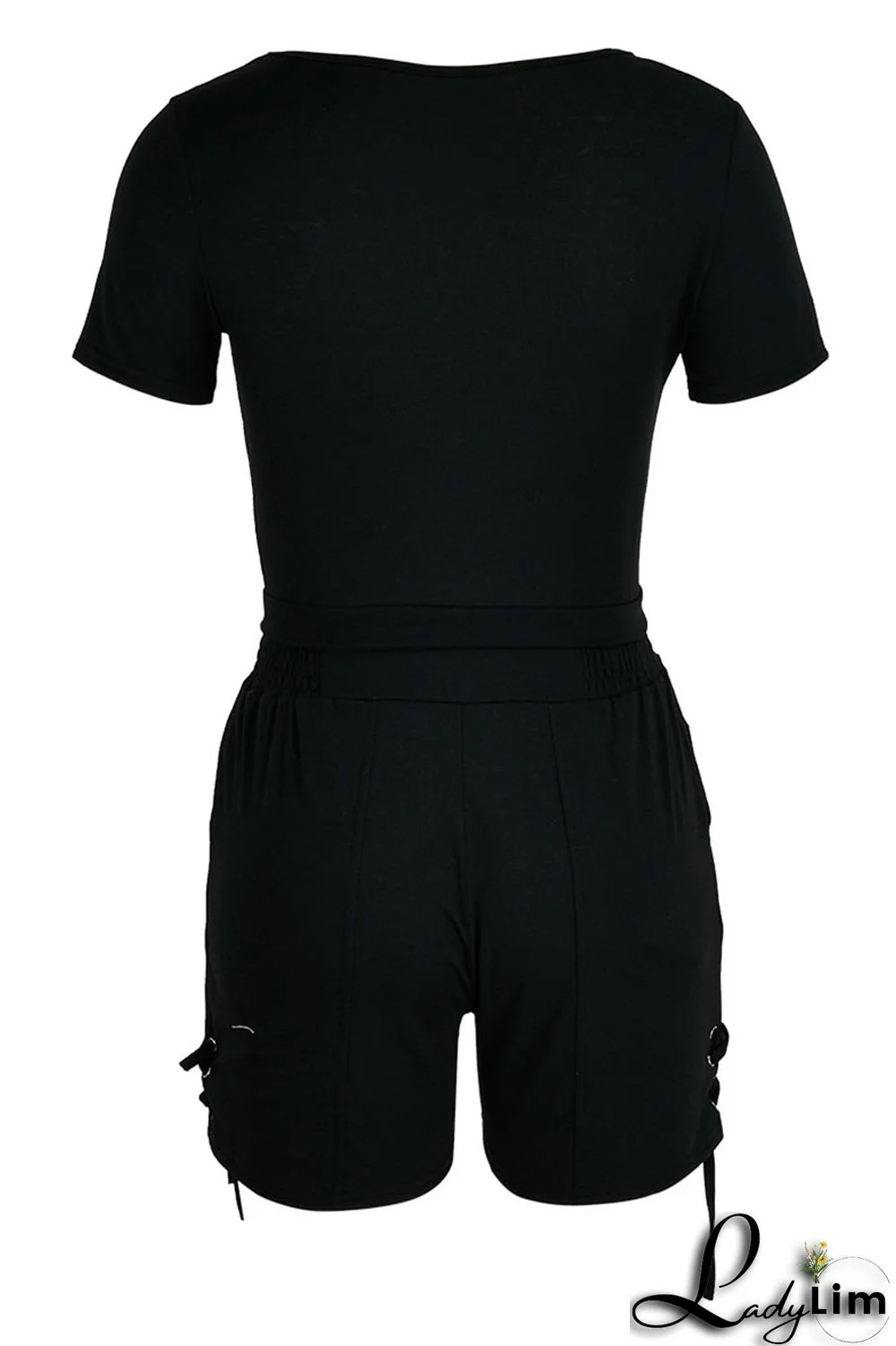 Black Fashion Casual Solid Bandage V Neck Short Sleeve Two Pieces
