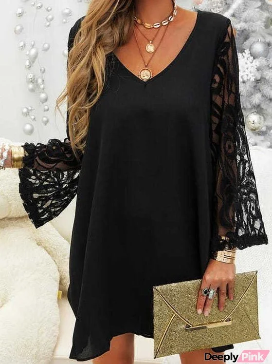 Women's Dresses V-Neck Lace Panel Long Sleeve Dress