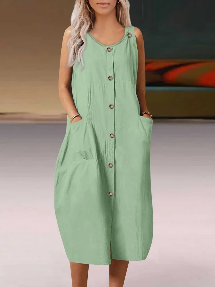 Comstylish Comfy Button Up Round Neck Sleeveless Midi Dress