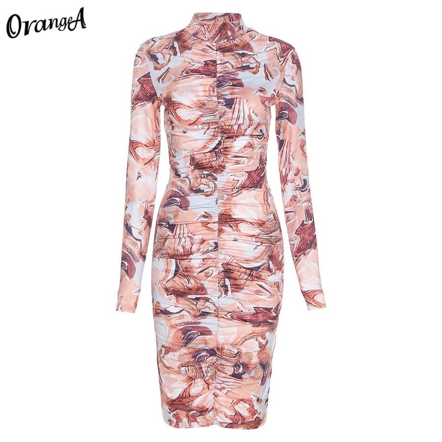OrangeA Sexy Skinny Women Long Sleeve Bodycon Aesthetic Print Ruched Party Dress Stretchy Casual Fashion Turtleneck Slim Outfits