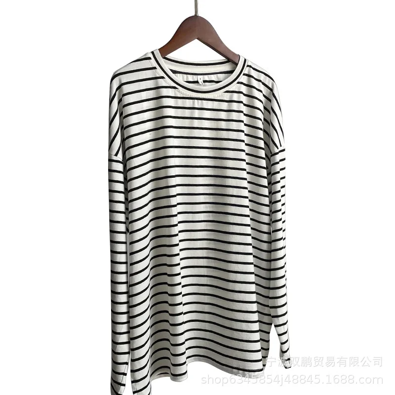 Athvotar Athvotar And Summer Fashion Loose Cotton Striped T-Shirt Women Casual Round Neck Long Sleeve Open Top Hot Sale