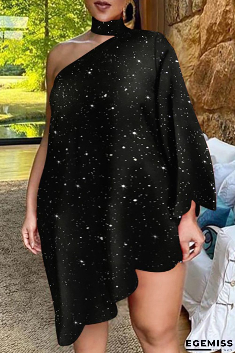 Black Casual Print Patchwork Halter Irregular Dress Dresses | EGEMISS