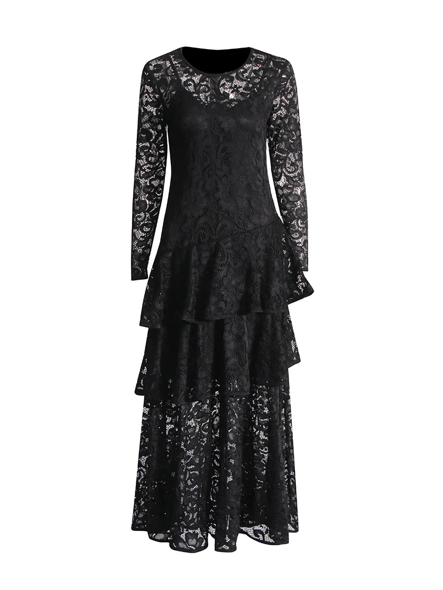 Brownm Fashion Sexy Style Dress Woman 2025 Spring New Round Lace Long-Sleeved Skirt Perspective Senior Long Dress