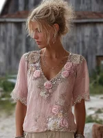 Vintage Boho Roses Embroidered Comfy Linen Shirt