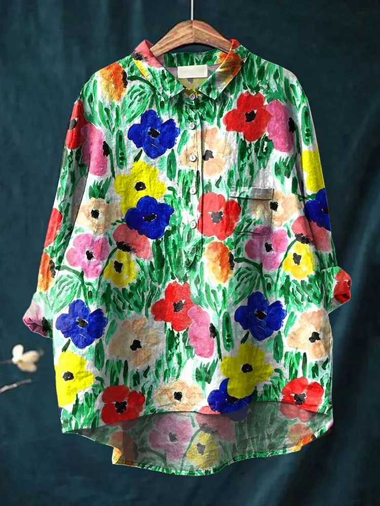Women's Flower Print Casual Cotton And Linen Shirt